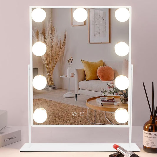 Makeup Mirror with 3 Color Lighting, Vanity Mirrorr with 10X Detachable Magnification, 360°Rotation, for Dressing Room & Bedroom, White
