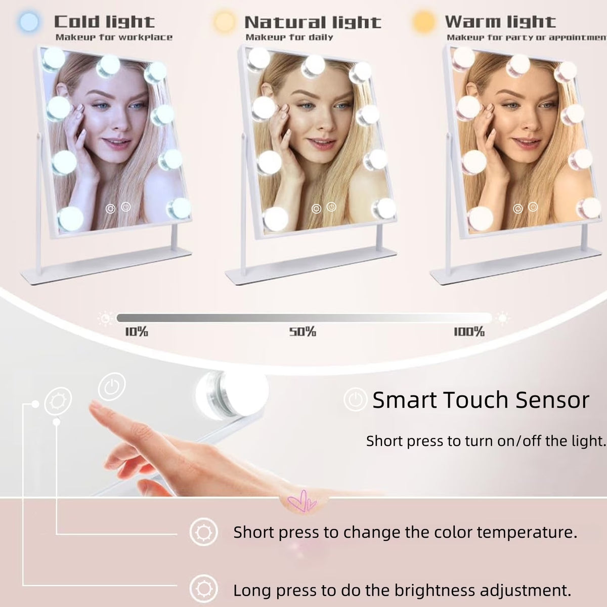 Makeup Mirror with 3 Color Lighting, Vanity Mirrorr with 10X Detachable Magnification, 360°Rotation, for Dressing Room & Bedroom, White