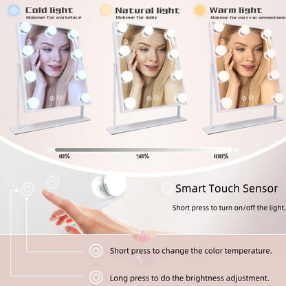 Makeup Mirror with 3 Color Lighting, Vanity Mirrorr with 10X Detachable Magnification, 360°Rotation, for Dressing Room & Bedroom, White