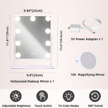 Makeup Mirror with 3 Color Lighting, Vanity Mirrorr with 10X Detachable Magnification, 360°Rotation, for Dressing Room & Bedroom, White
