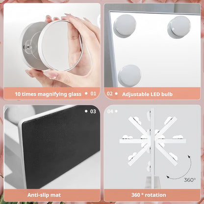 Makeup Mirror with 3 Color Lighting, Vanity Mirrorr with 10X Detachable Magnification, 360°Rotation, for Dressing Room & Bedroom, White